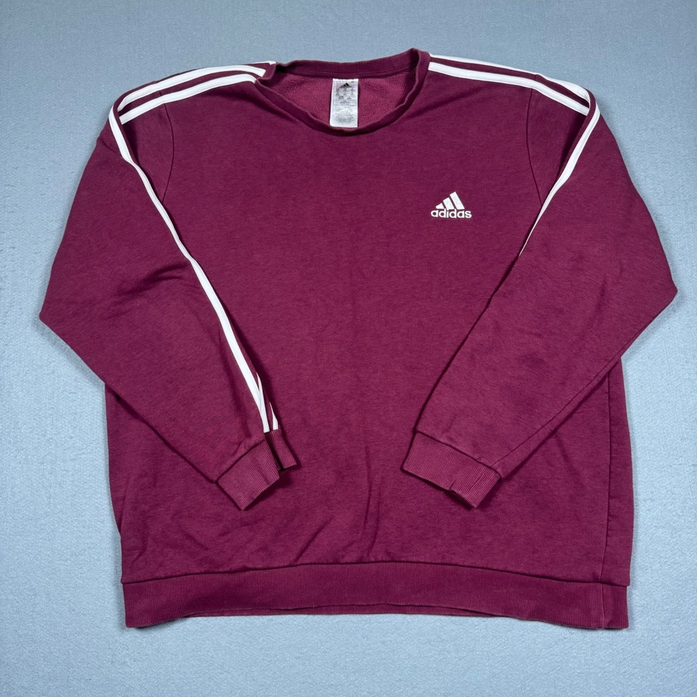 Adidas Sweatshirt Mens 2XL Maroon 3-Stripe Crewneck Pullover Fleece Logo Faded